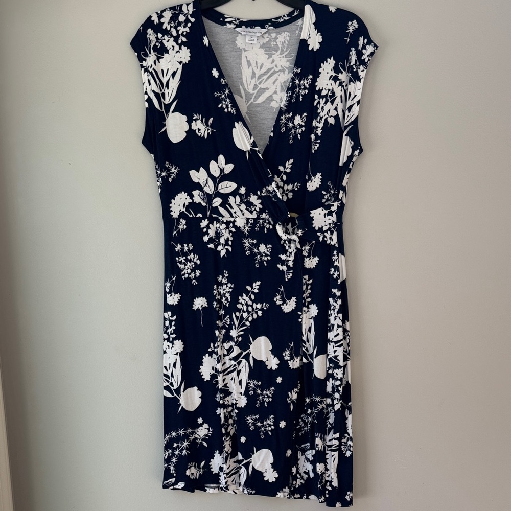 Liz Claiborne American Navy&White Floral Faux Wrap Soft Spring/Summer Midi Dress